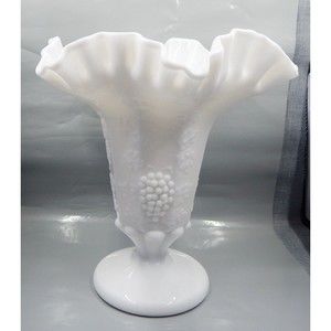 Westmoreland Milk Glass Grape Paneled Ruffled Crimped Edge Footed Vase